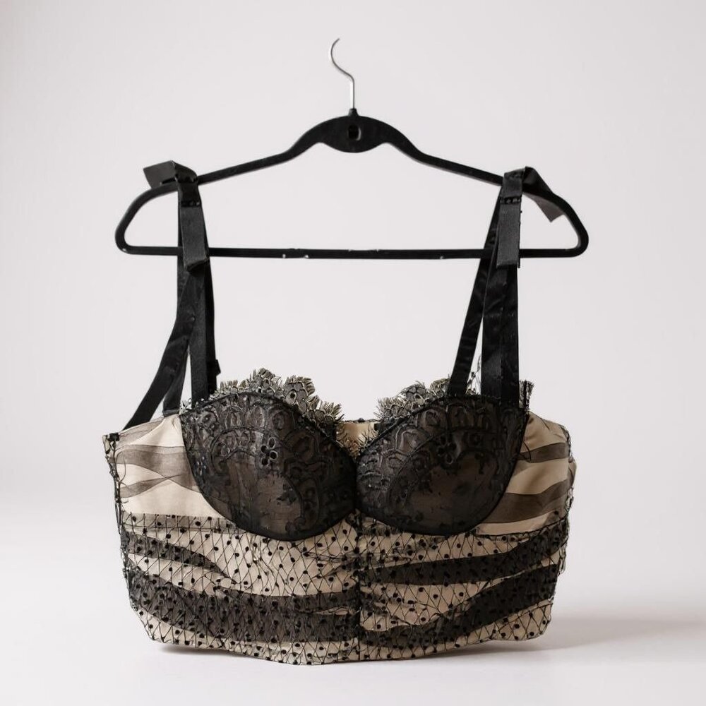 Akira Rica Rica Off Corset Crop Top Black Lace Mesh Tie Strap Large NWT